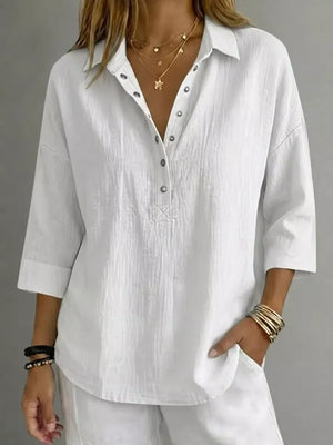 Sky Blue Full Size Snap Down 3/4 Sleeve Blouse Plus Size
