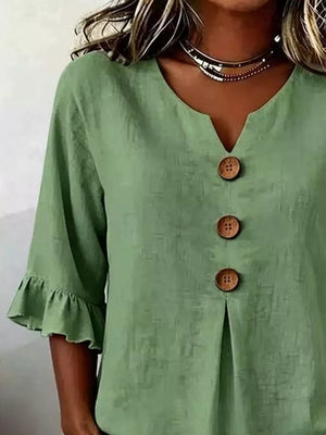 Blue Casual Ruffle-sleeve Decor-button Top Plus Size