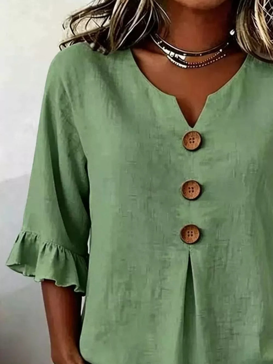 Blue Casual Ruffle-sleeve Decor-button Top Plus Size