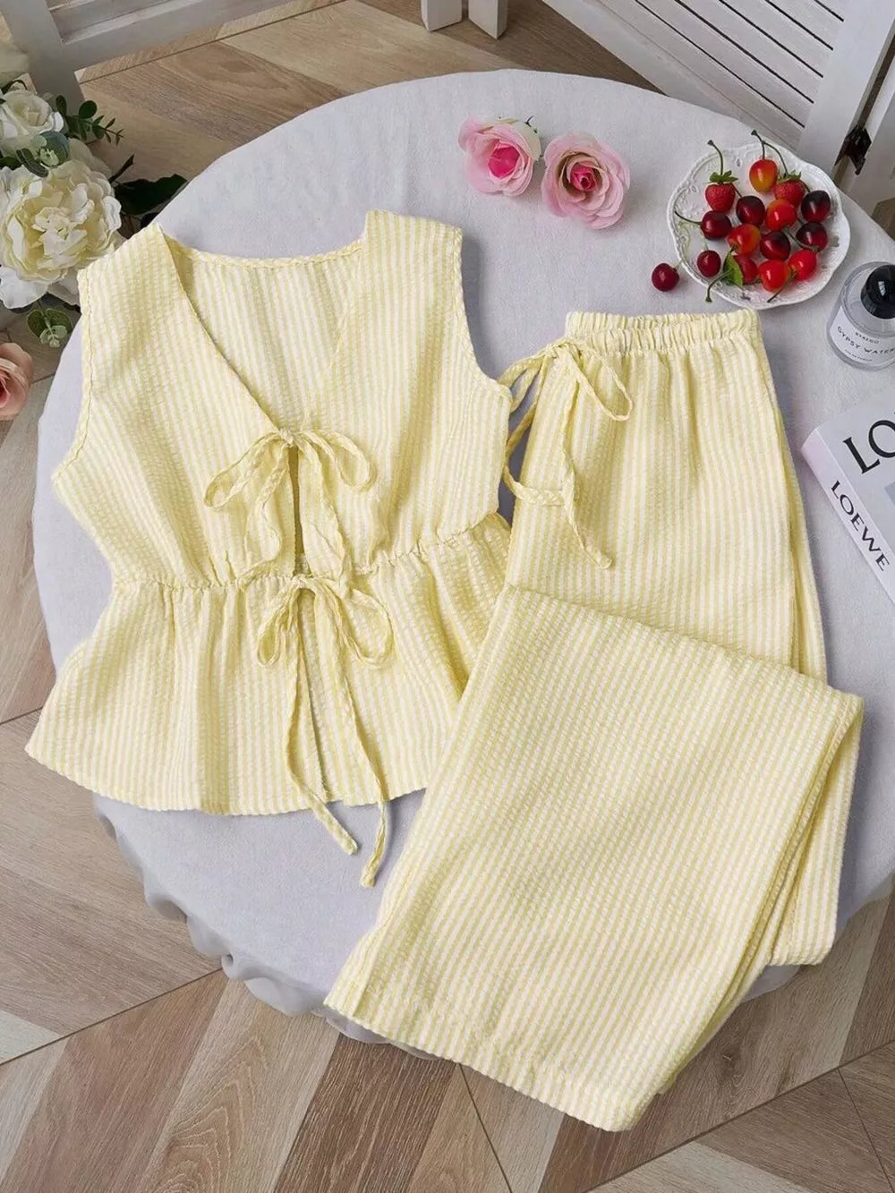 Yellow Striped Tie-front Sleeveless Top And Pants Set