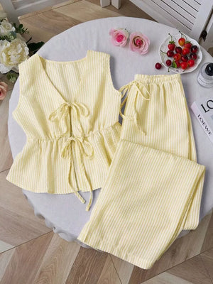 Yellow Striped Tie-front Sleeveless Top And Pants Set