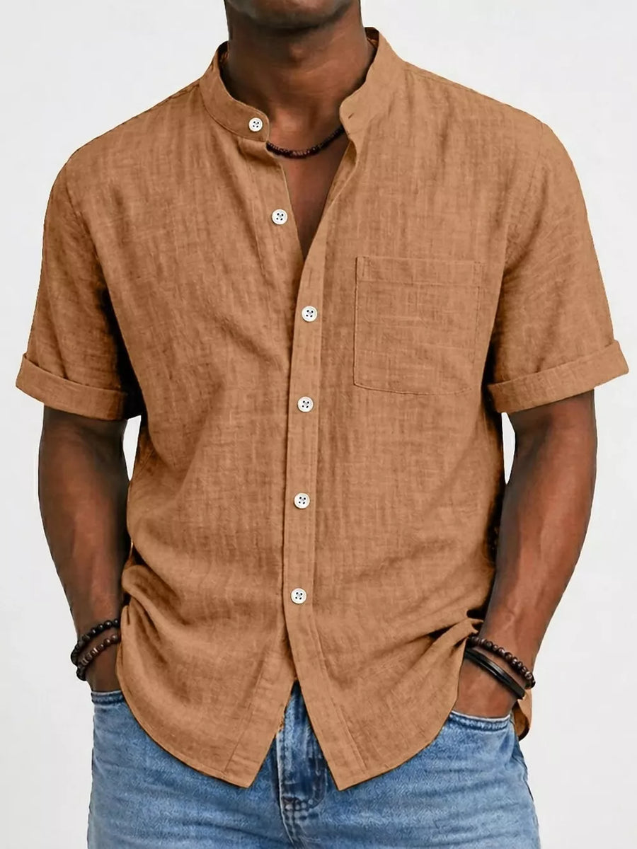 Textured band collar button-up shirt in ginger, short sleeves, chest pocket, cotton.