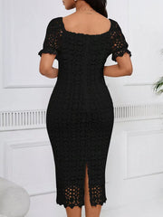 Black lace midi dress with square neckline, short sleeves and back slit.
