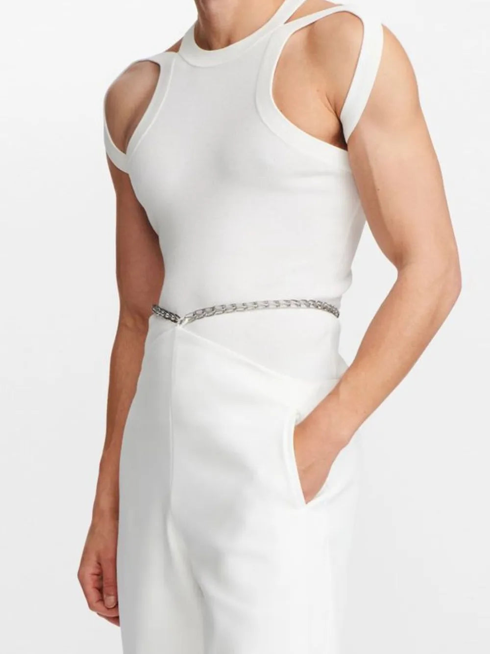 White sculpted shoulder strap tank top with cutouts and a round neckline.