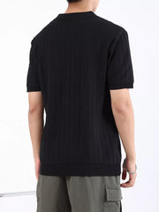 Black ribbed knit short sleeve polo shirt for men with a classic collar.