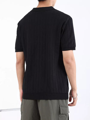 Black ribbed knit short sleeve polo shirt for men with a classic collar.