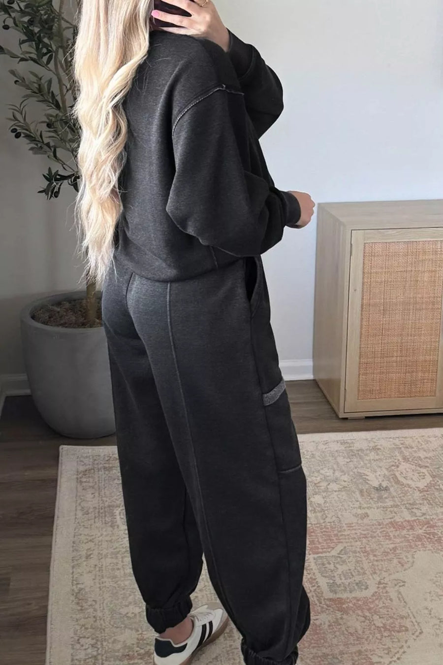 Dark Gray lounge set with hip-length (top), full-length (bottom) and pullover, drawstring, elastic