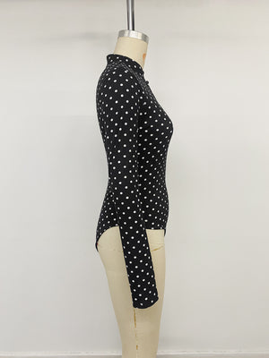 Polka Dot Cutout Long Sleeve Bodysuit in Black with buttoned