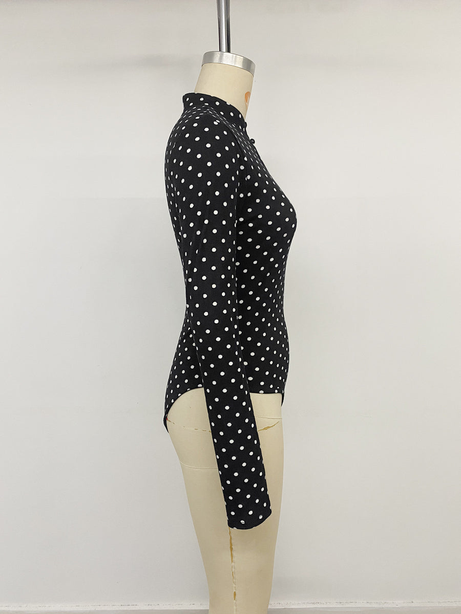 Polka Dot Cutout Long Sleeve Bodysuit in Black with buttoned