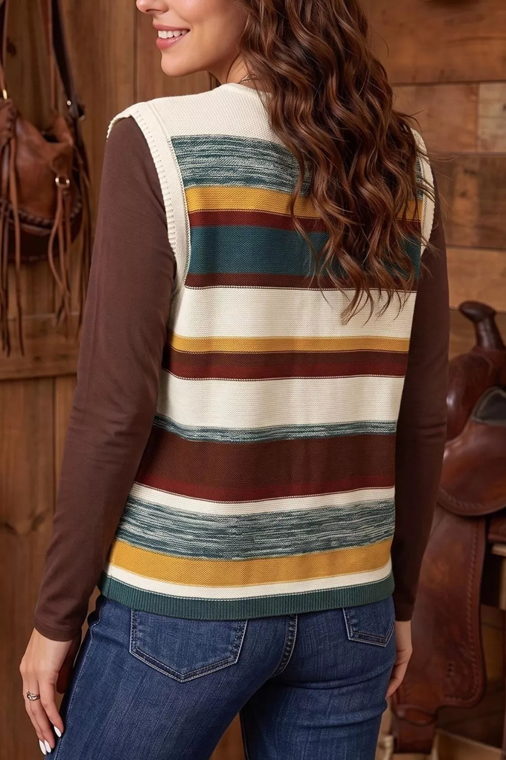 Striped Button Front Sleeveless Sweater Vest in Multicolor