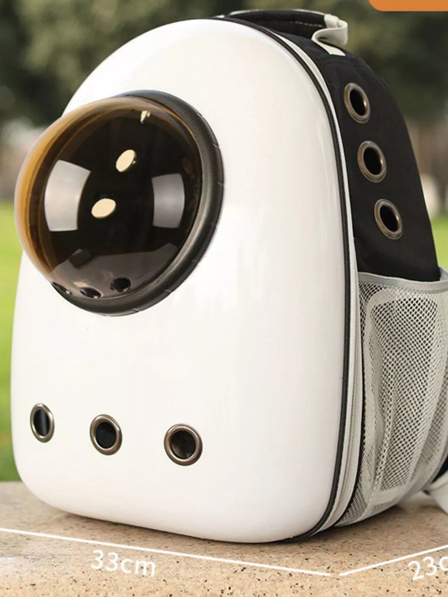 White and black transparent pet carrier backpack with bubble window and mesh pocket.