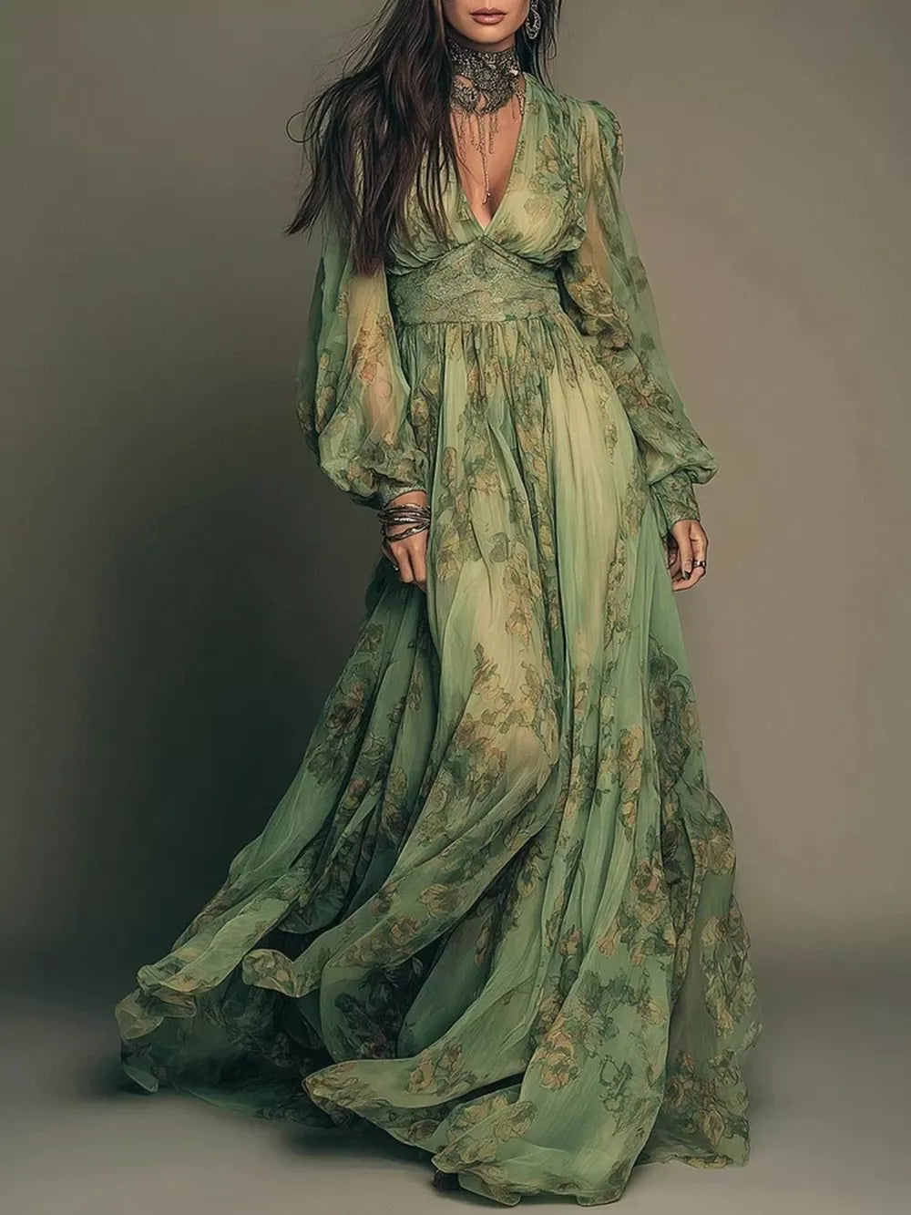 sage green maxi dress with floral and v-neck