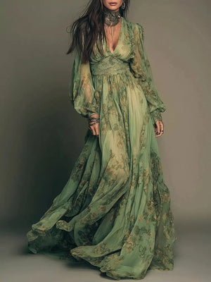 sage green maxi dress with floral and v-neck