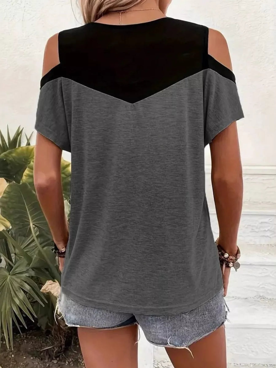 Light Gray Cold Shoulder Color Block T-shirt