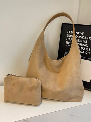 Khaki suede hobo tote mini bag with matching zippered pouch.