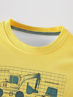 Yellow crew neck toddler t-shirt with construction vehicle graphic and grid pattern.