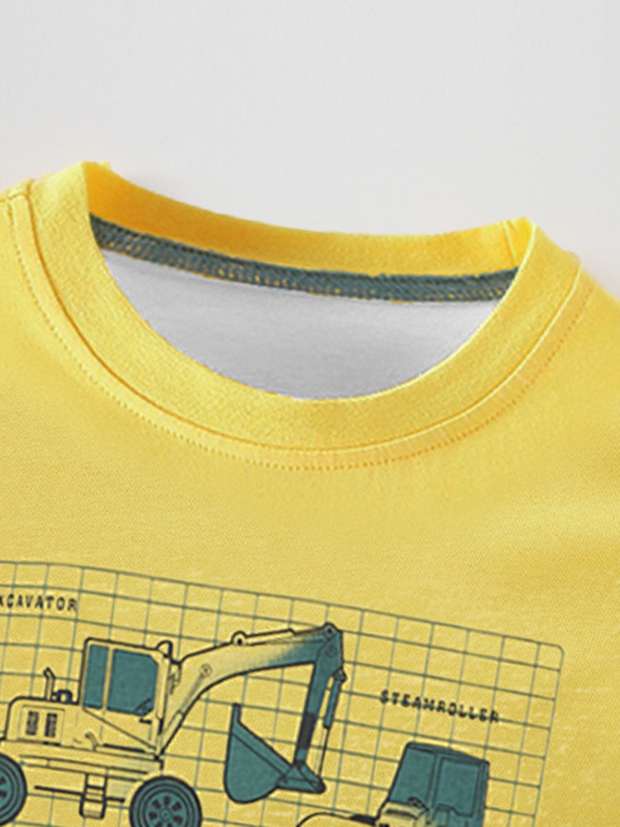 Yellow crew neck toddler t-shirt with construction vehicle graphic and grid pattern.
