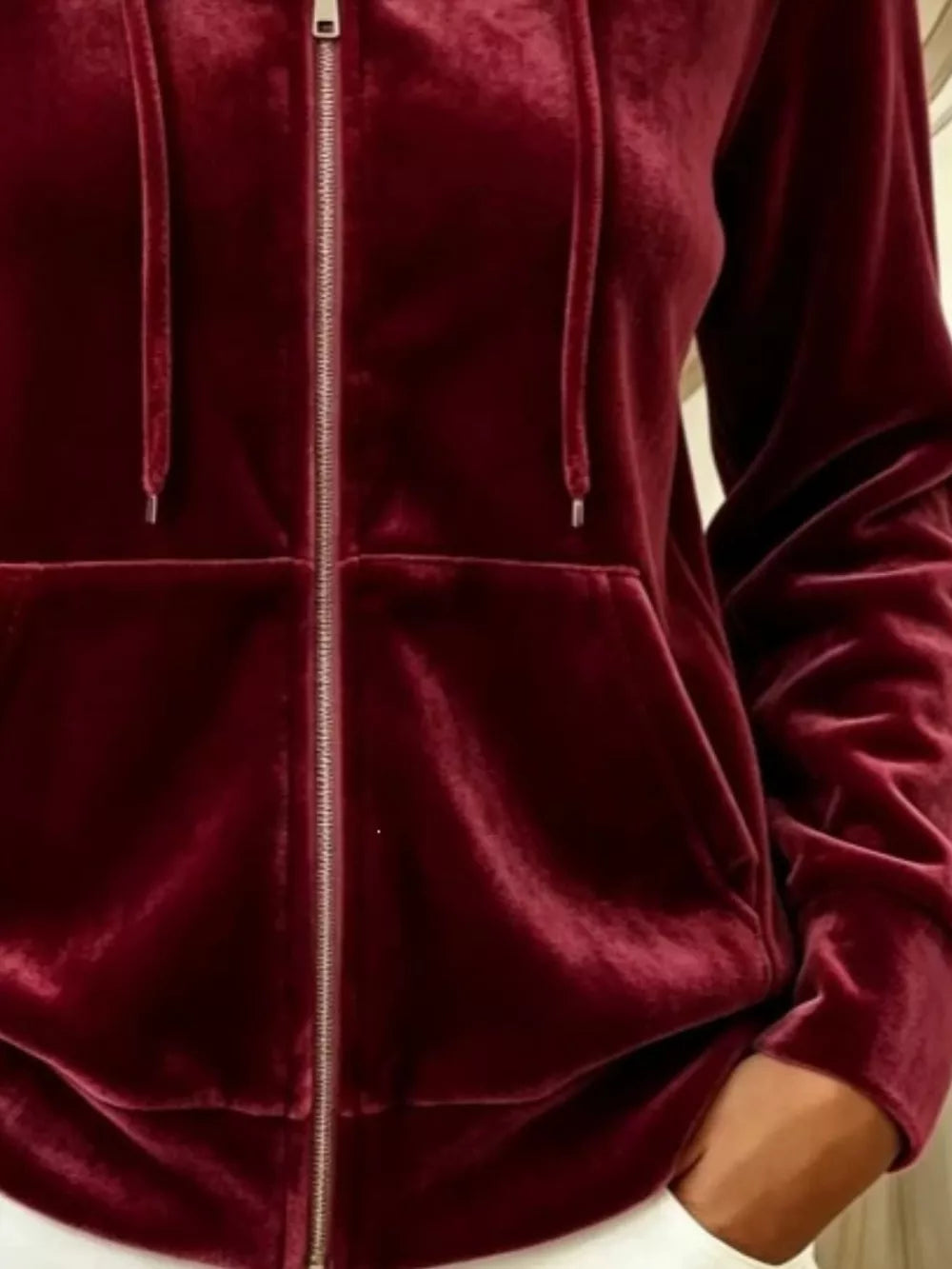 Full Size Velvet Zip-up Hoodie Plus Size in Black with drawstring