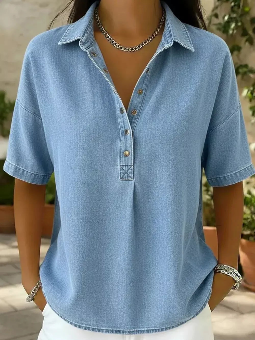 Navy Blue Snap Down Short Sleeve Blouse