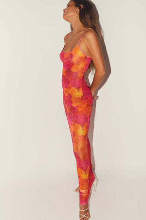 Pink and orange floral print maxi dress with spaghetti straps