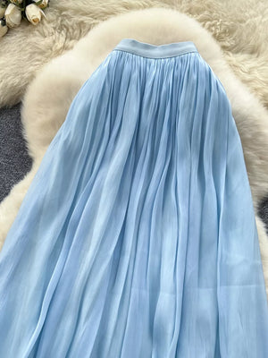 Blue pleated maxi skirt with a flowing, airy fabric and a comfortable waistband.