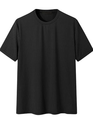 Black ribbed crewneck t-shirt with short sleeves and a textured finish.