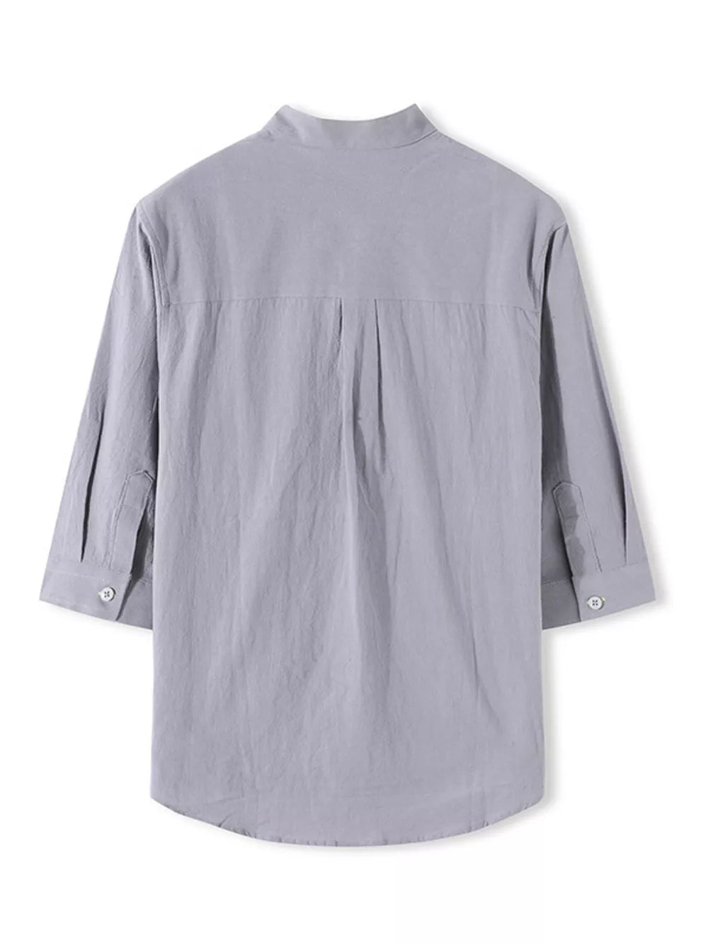 Grey cotton casual shirt with Mandarin collar and 3/4 sleeves, buttoned cuffs, back pleats.