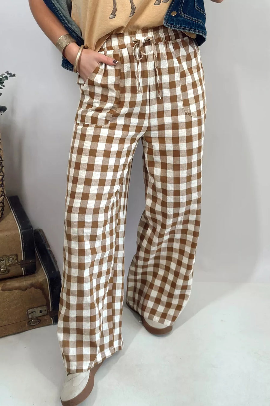 Gingham Plaid Tie Elastic Waist Shift Pants in this colorway