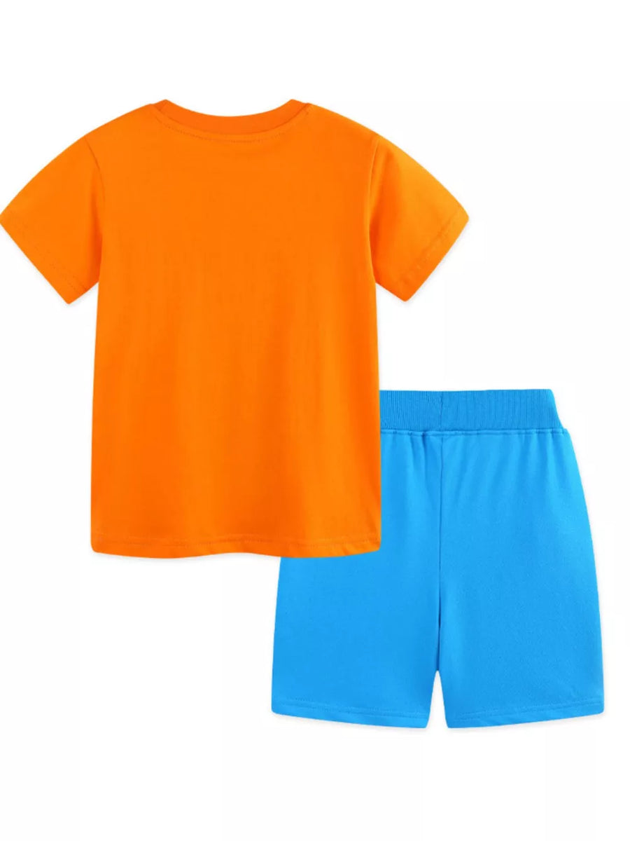 Orange cotton t-shirt and blue shorts set for boys.
