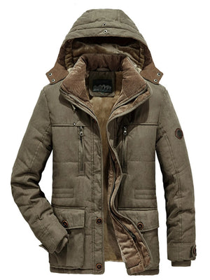 Khaki hooded parka with fur lining, zip and button closure, and multiple pockets.
