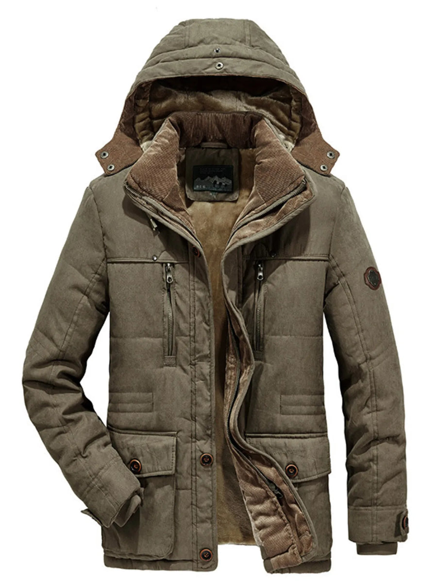 Khaki hooded parka with fur lining, zip and button closure, and multiple pockets.