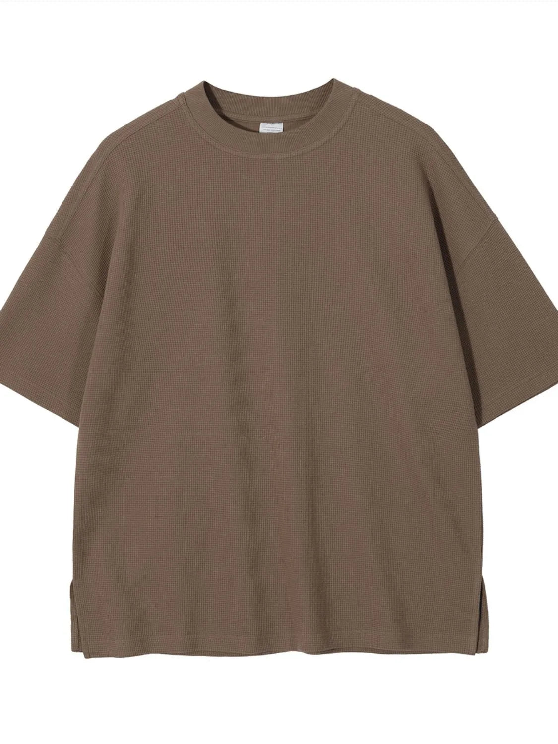 Waffle knit boxy t-shirt in taupe with crew neck and short sleeves.
