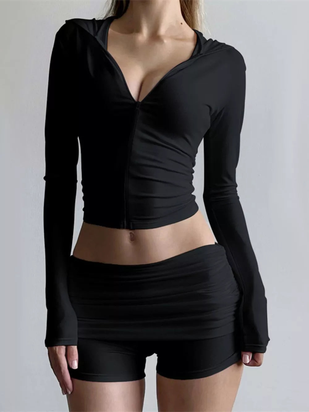 Black cropped zip-up hoodie with ruched shorts set