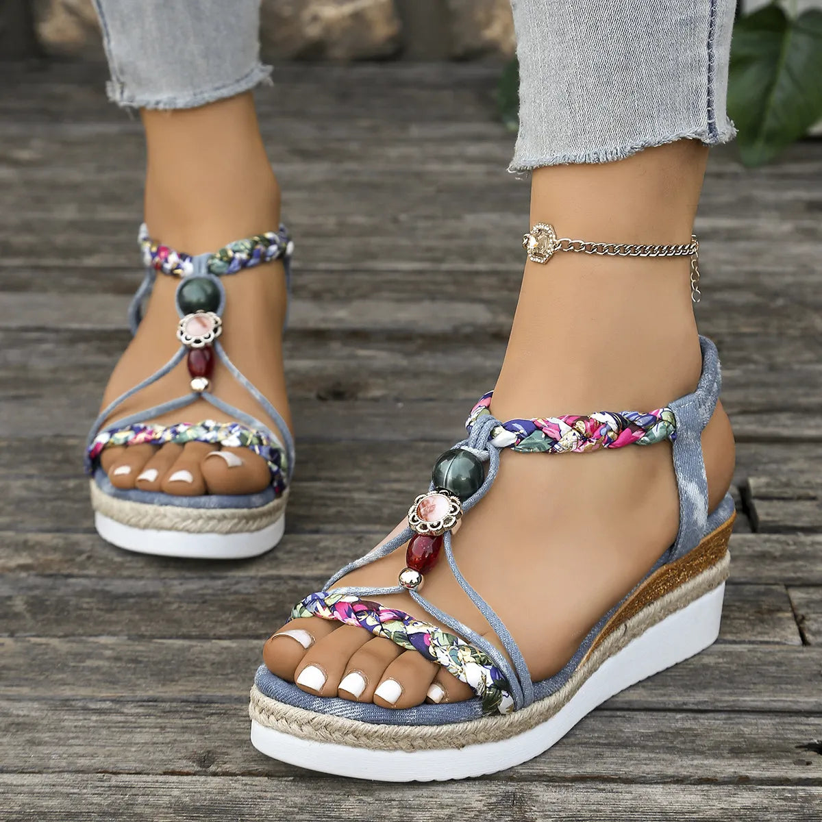 Bohemian beaded espadrille wedges in dusty blue with floral print straps and colorful beads.