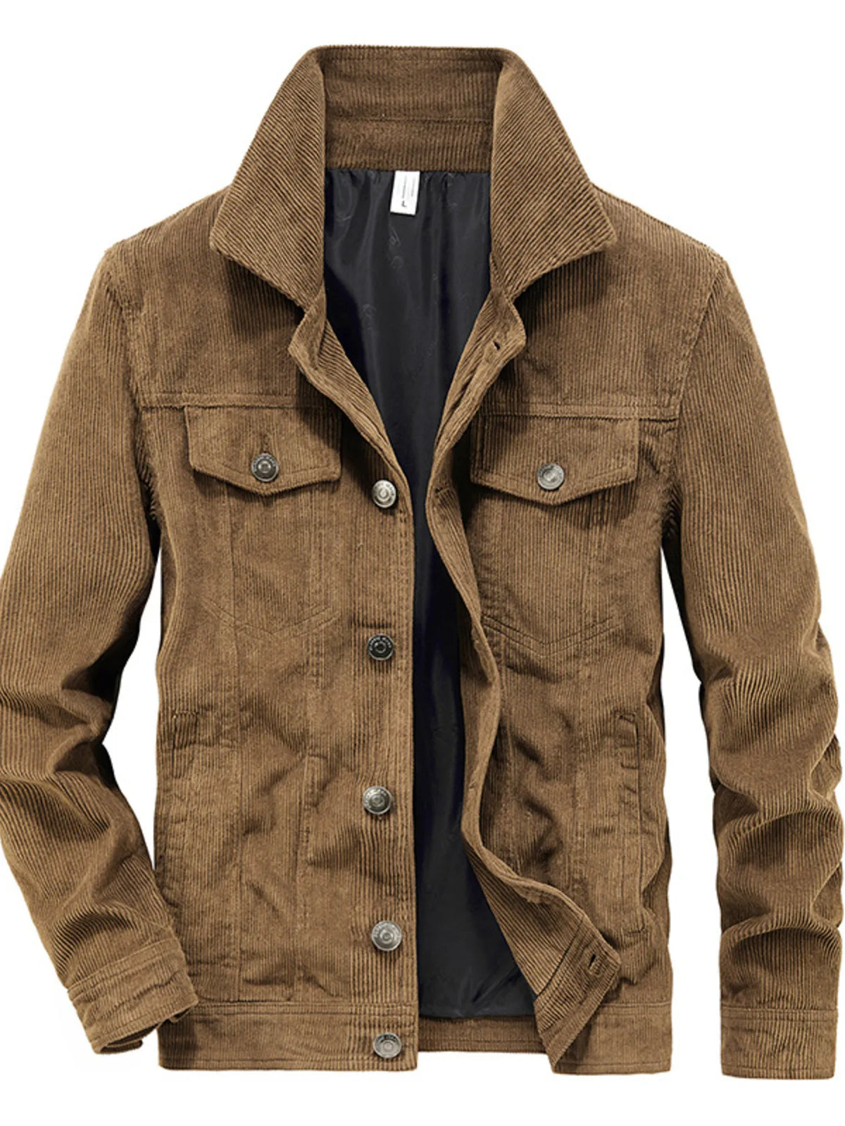 Classic corduroy button-down jacket in coffee with two chest pockets and button closure.