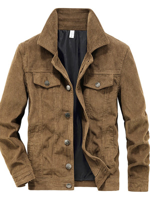 Classic corduroy button-down jacket in coffee with two chest pockets and button closure.