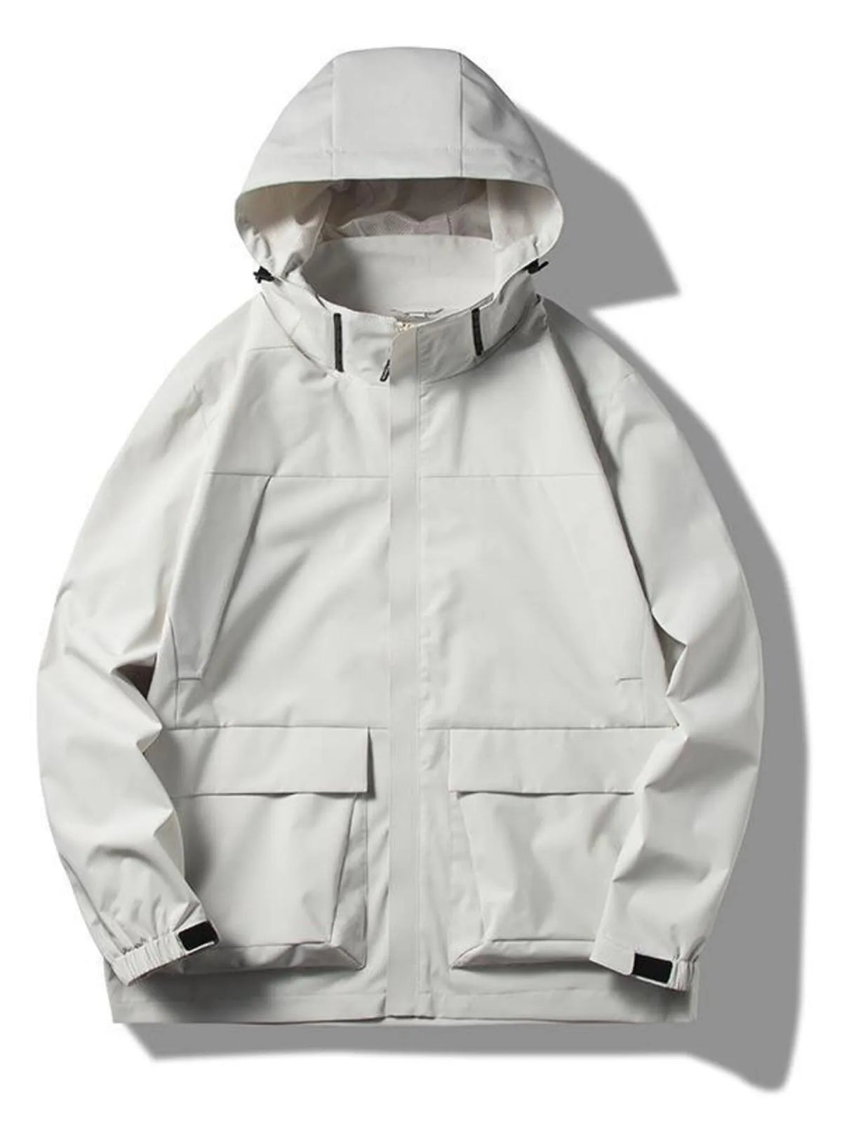 Hooded windproof jacket in Fog Lotus White with two chest pockets and two large front pockets.