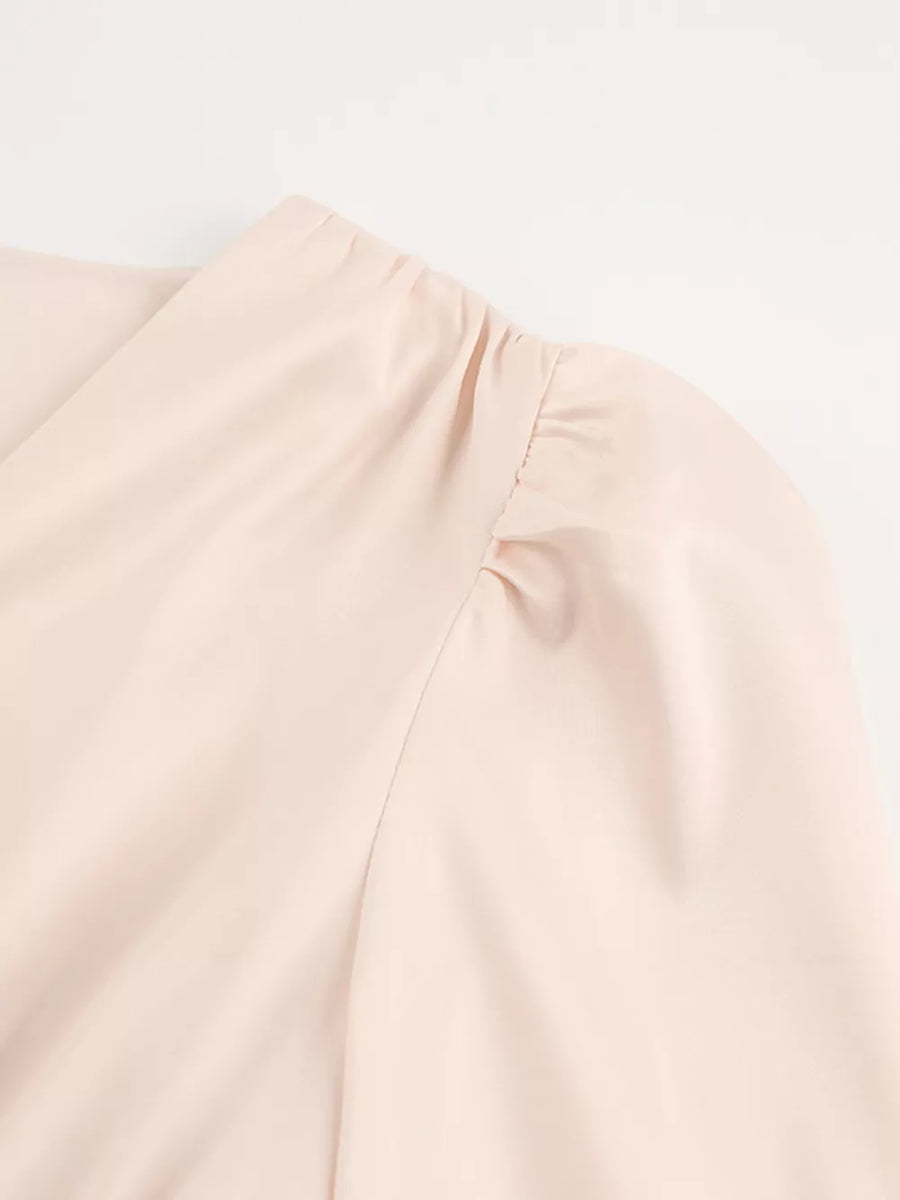 Dark Green Elegant V-neck Puff Sleeve Button-down Midi Dress