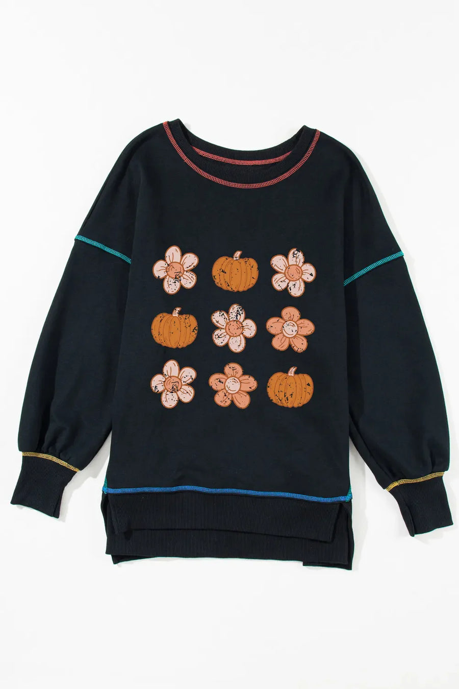 Black sweatshirt with floral and pumpkin embroidery and contrast stitching.
