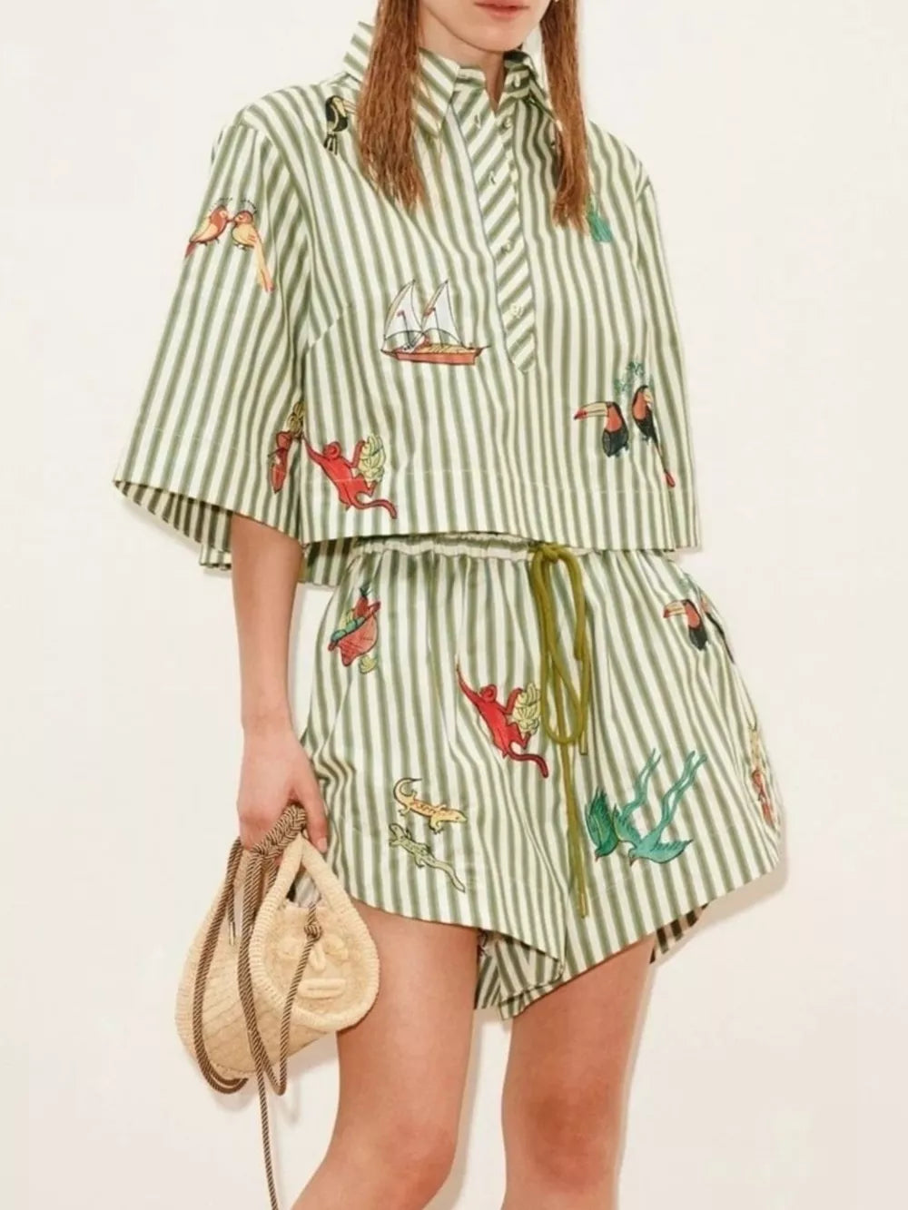 sage green shirt and shorts set with striped and collared