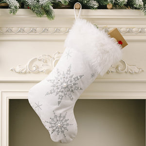 White Christmas stocking with faux fur cuff and embroidered snowflakes