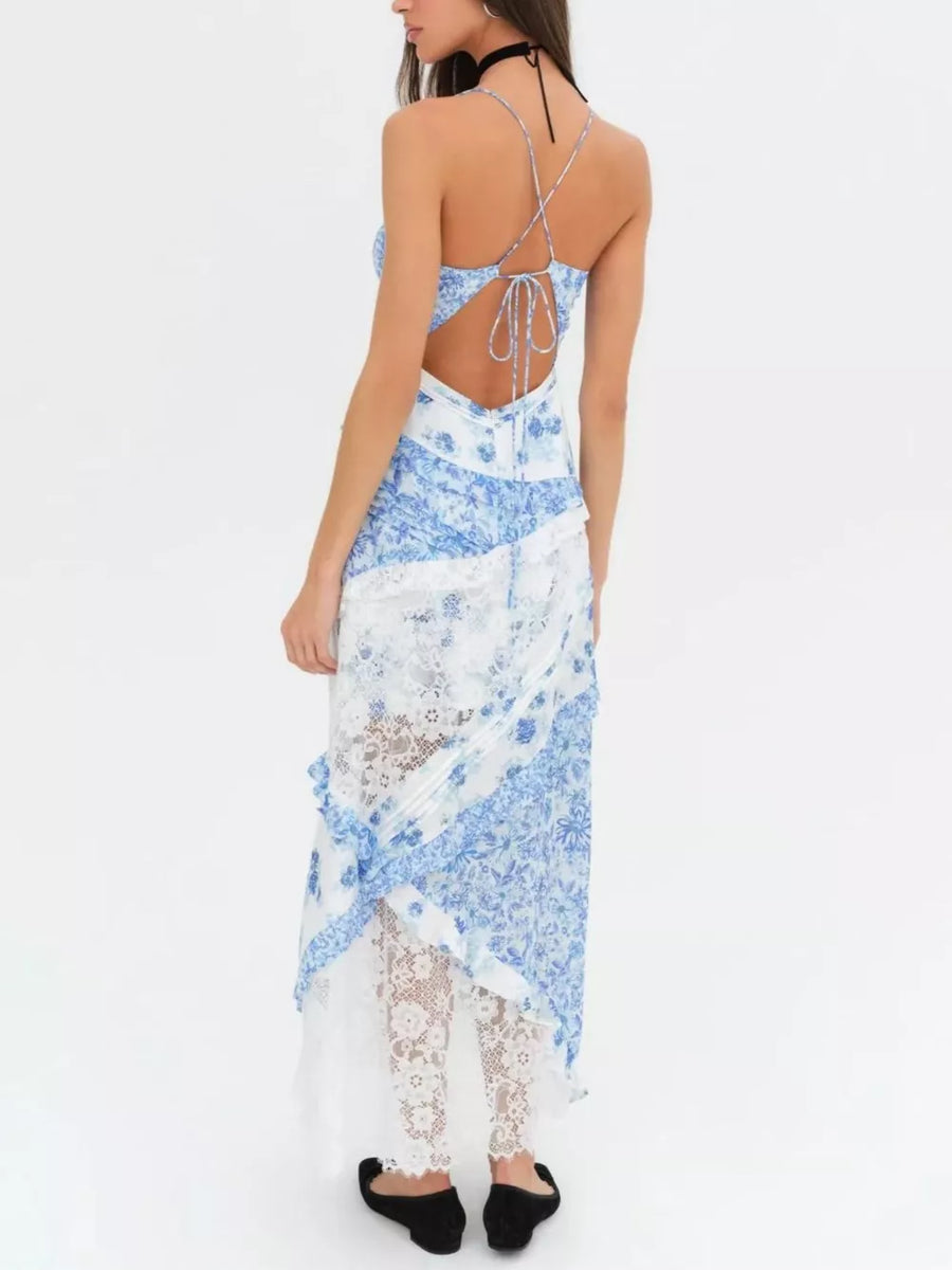 Light blue floral lace maxi dress with ruffles, open back and lace inserts.