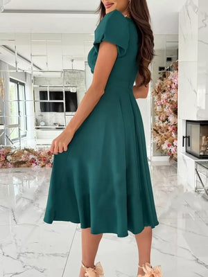 romantic midi dress in burgundy with v-neck