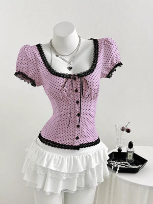 Polka Dot Lace Trim Puff Sleeve Top, view 17