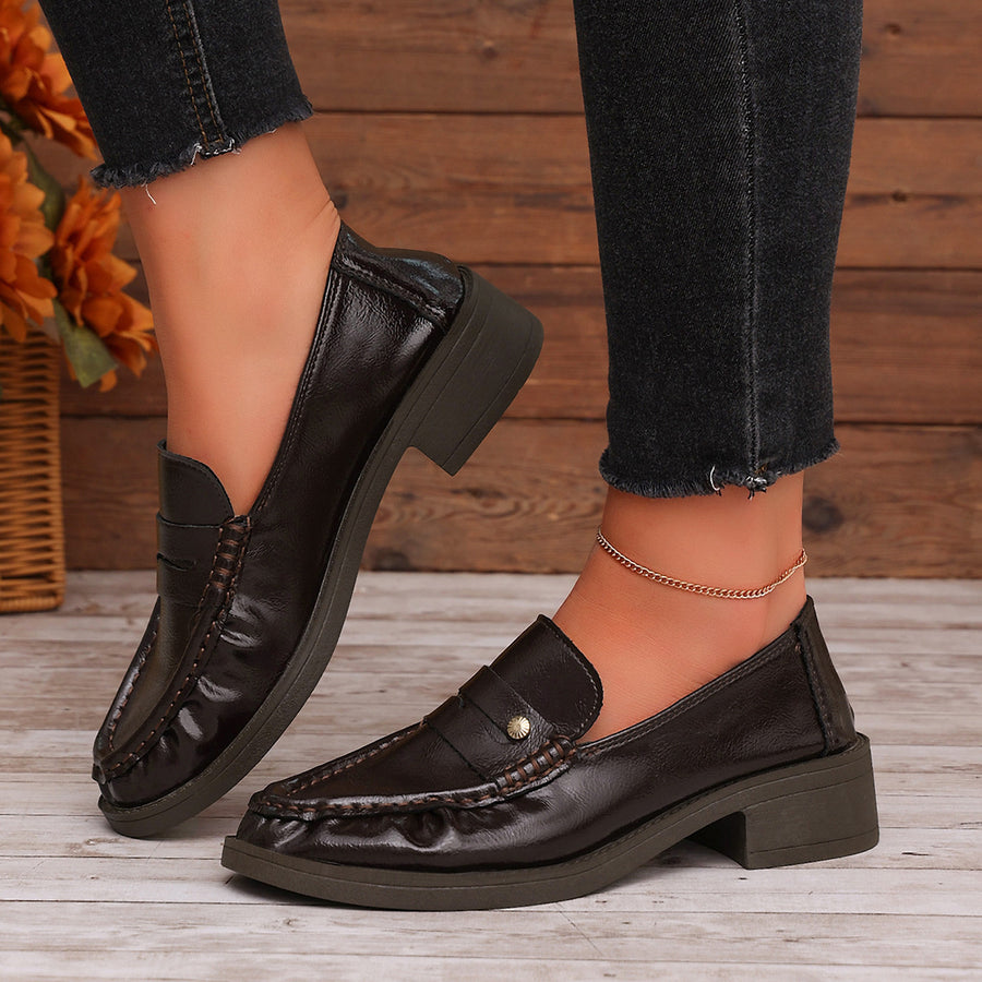 Round Toe Block Heels Loafers in dark brown with round toe