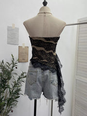 Lace Tube Top With Asymmetrical Hem in Black