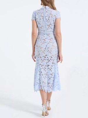 Sky blue floral lace midi dress with belt, short sleeves, and collar