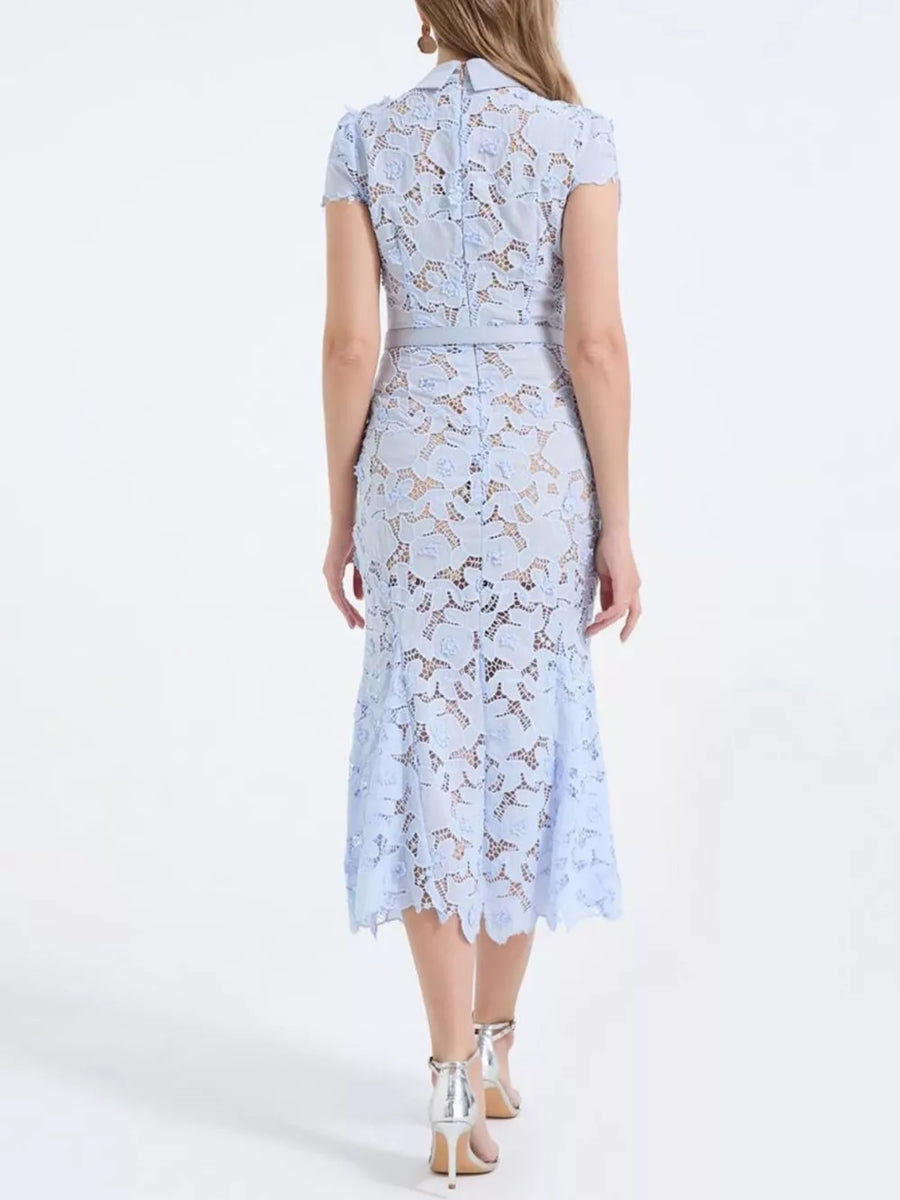 Sky blue floral lace midi dress with belt, short sleeves, and collar