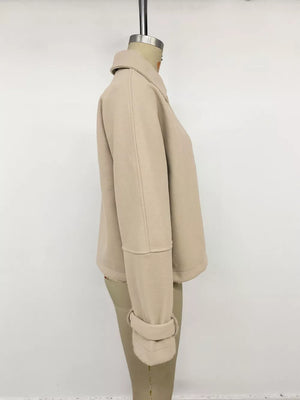 camel jacket with button cuffs and long sleeve