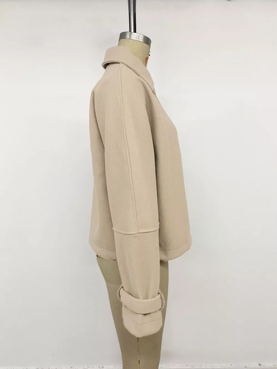 camel jacket with button cuffs and long sleeve